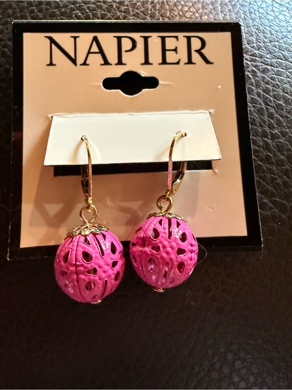 Napier Hot Pink Filigree Globe Drop Earrings with Gold-Tone Accents